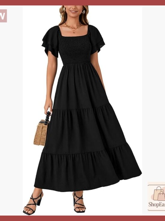 Dresses & Skirts - Smocked Midi Dress Square Neck Ruffle Sleeve Tiered Boho Wedding Guest Party